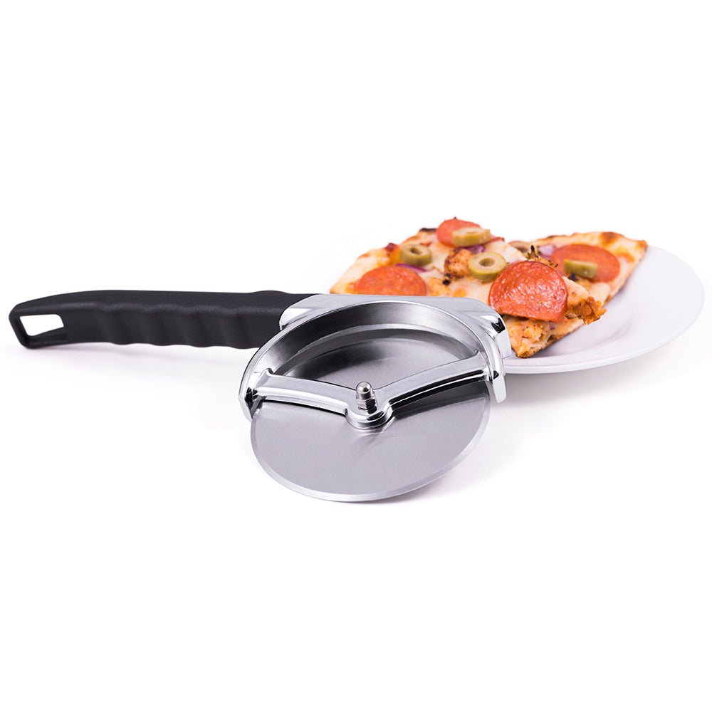 Chrome pizza cutter wheel with black grip handle, placed over pizza slices