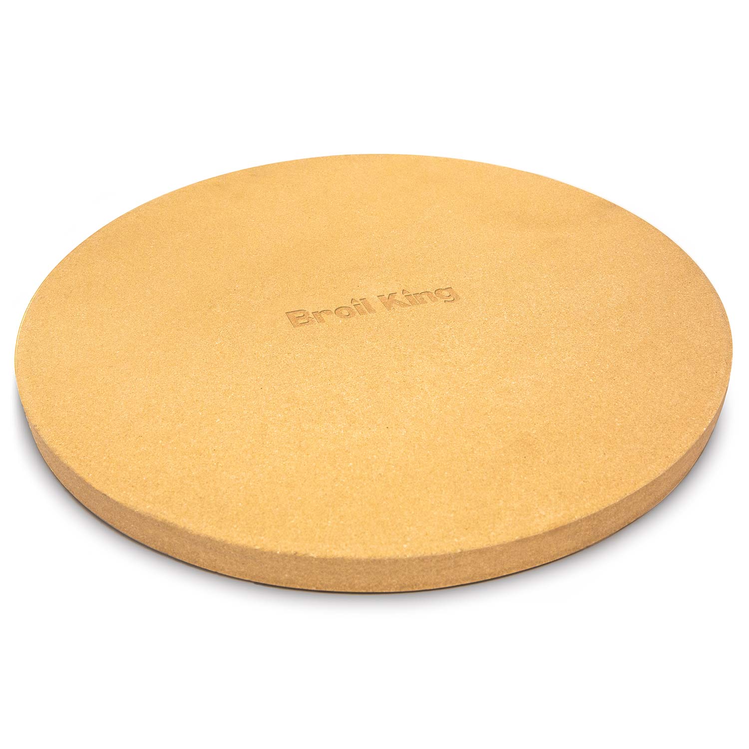 Round tan 15-inch Broil King grilling stone with embossed logo