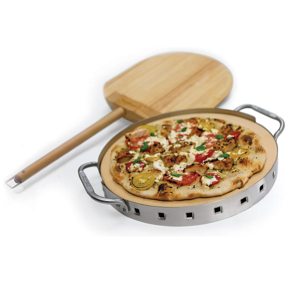 Stainless steel pizza stone grill set with pizza on circular stone