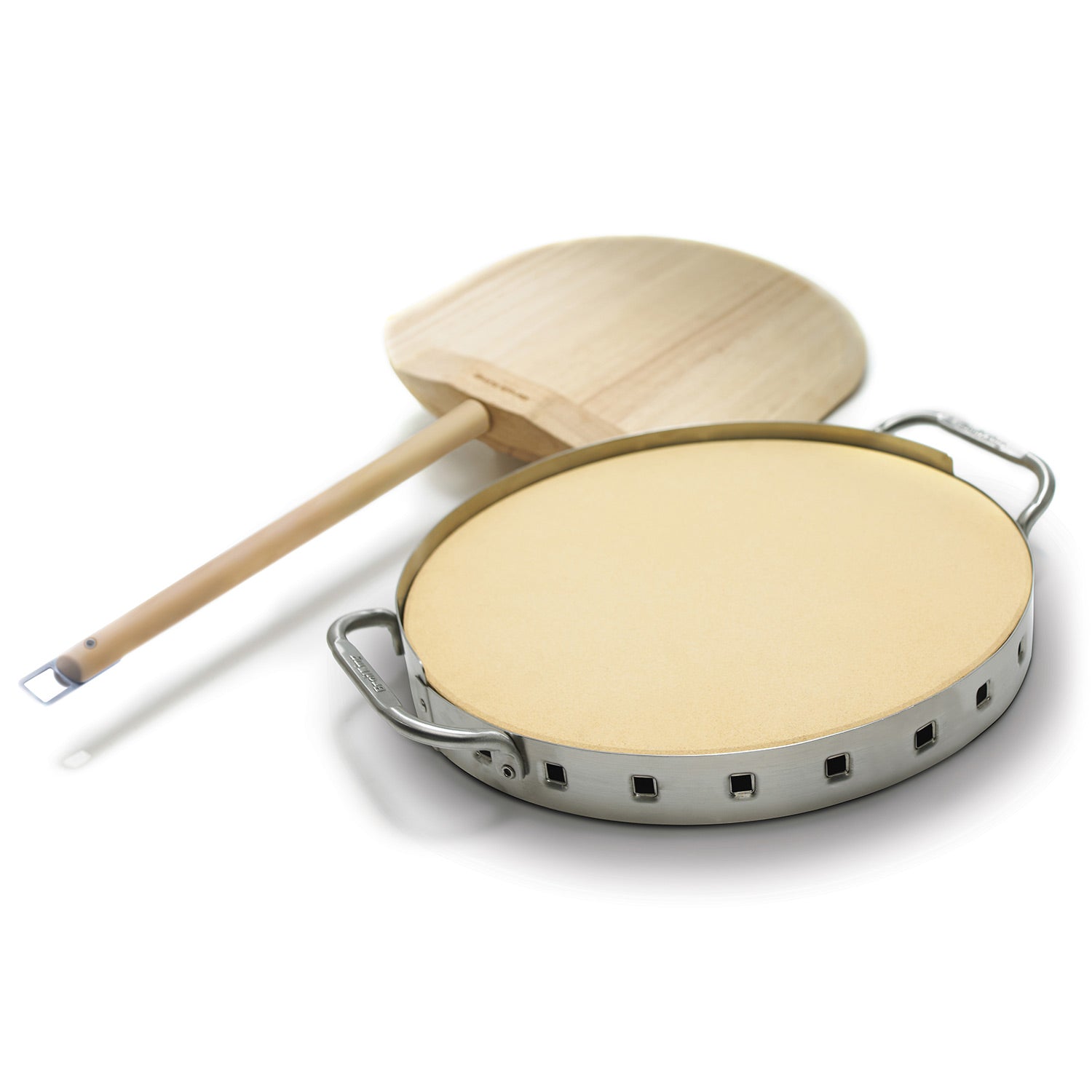 Stainless steel pizza stone grill set with round stone and wood peel