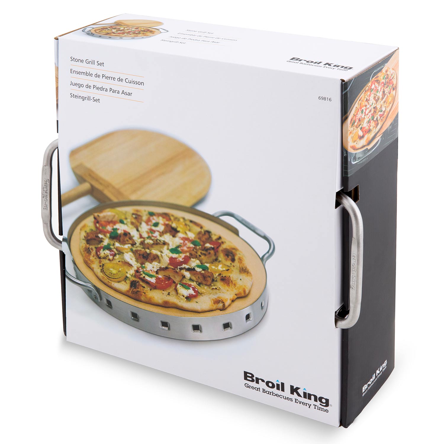 Stainless steel pizza stone grill set shown in a retail box