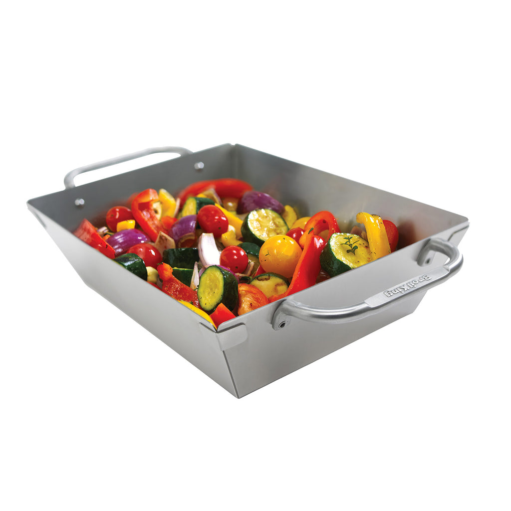 Stainless steel grill wok topper with side handles and shallow rim