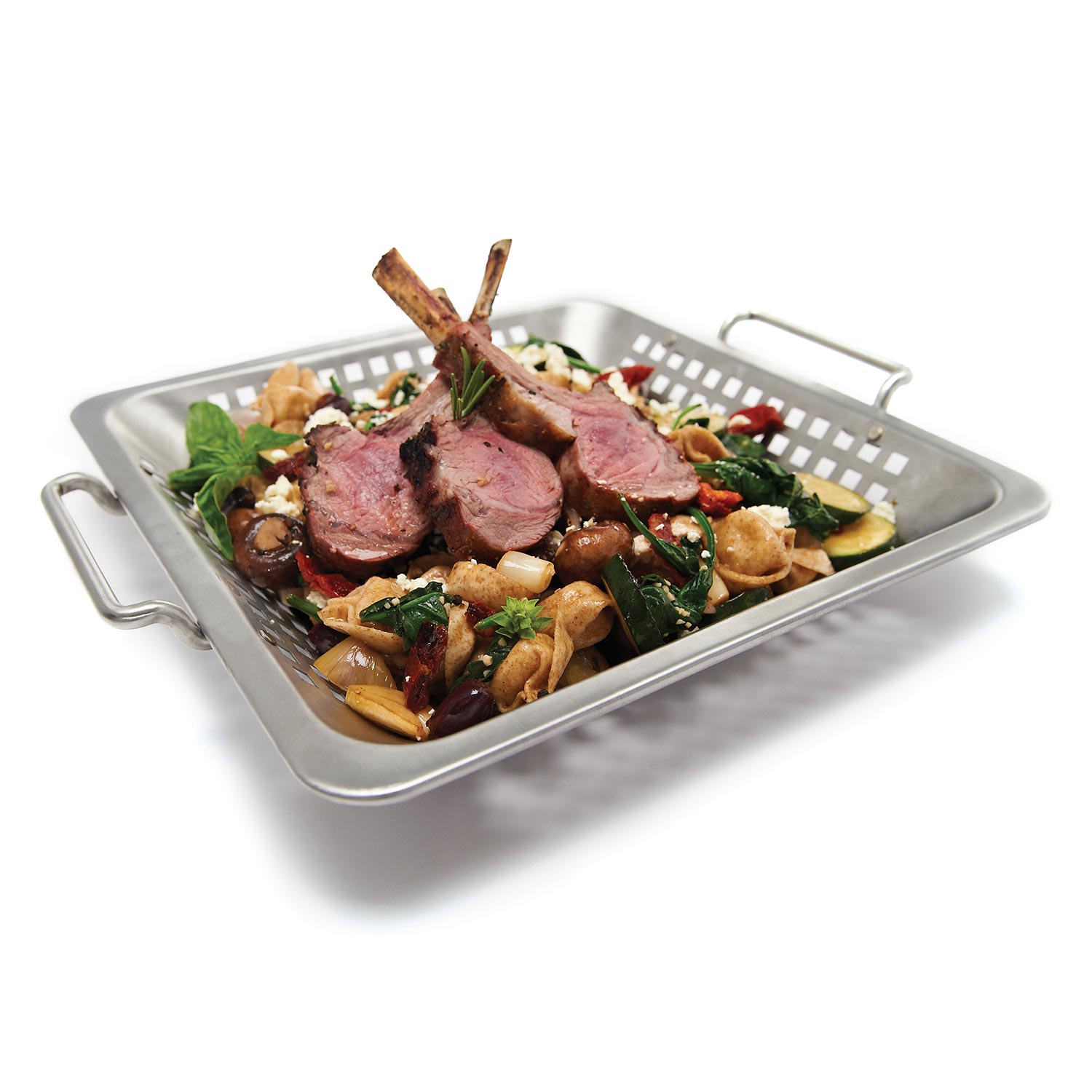 Stainless steel wok grill topper with side handles, holding grilled meat and vegetables