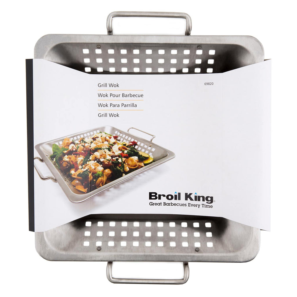 Broil King stainless steel wok grill topper in retail box with side handles