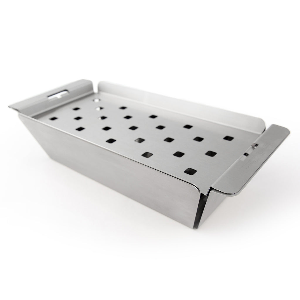 Stainless steel narrow wok topper with perforated cooking surface, angled view