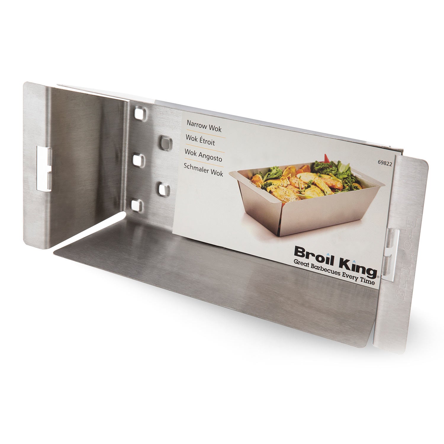 Stainless steel narrow wok grill topper in retail packaging with Broil King logo