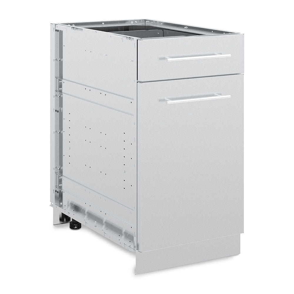 Broil King stainless steel cabinet with drawer and door, light gray finish