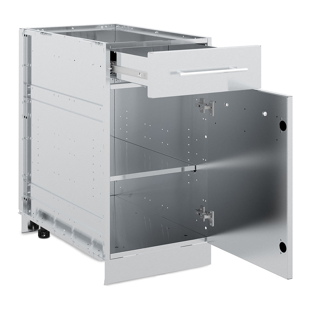 Broil King stainless steel cabinet with open drawer and door, showing interior
