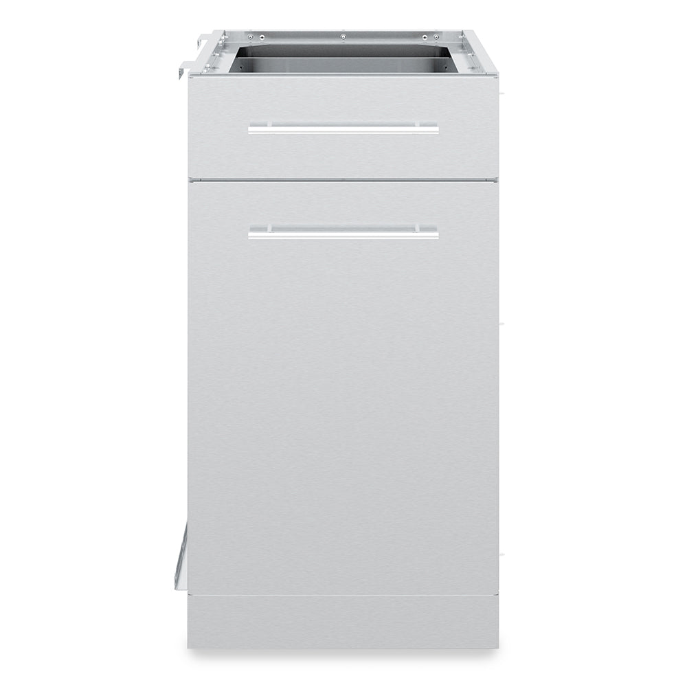Broil King stainless steel cabinet with top drawer and bottom door, front view