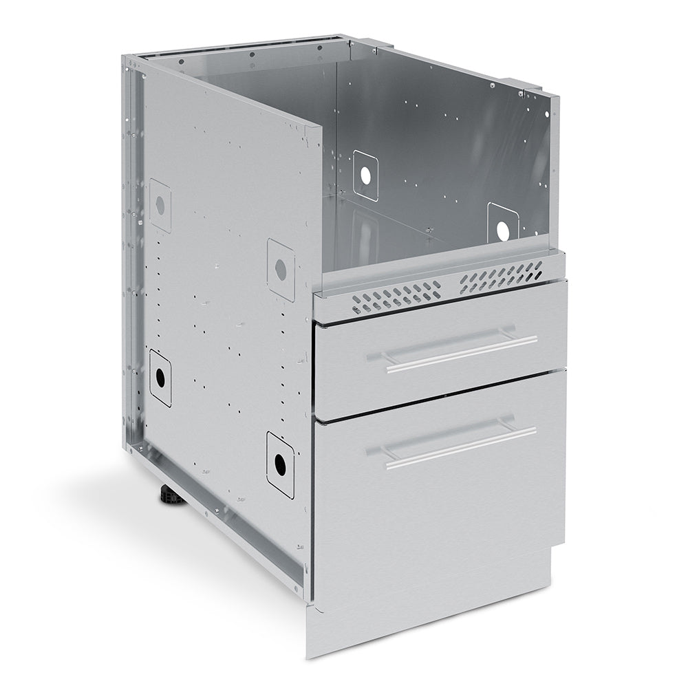 Stainless steel two-drawer cabinet with vented upper panel and metal handles