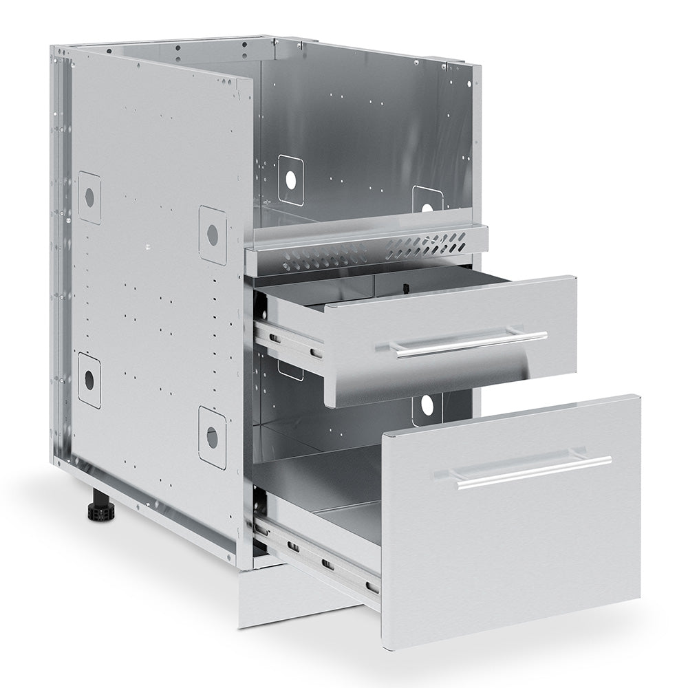 Broil King stainless steel two-drawer cabinet, drawers open to storage bay