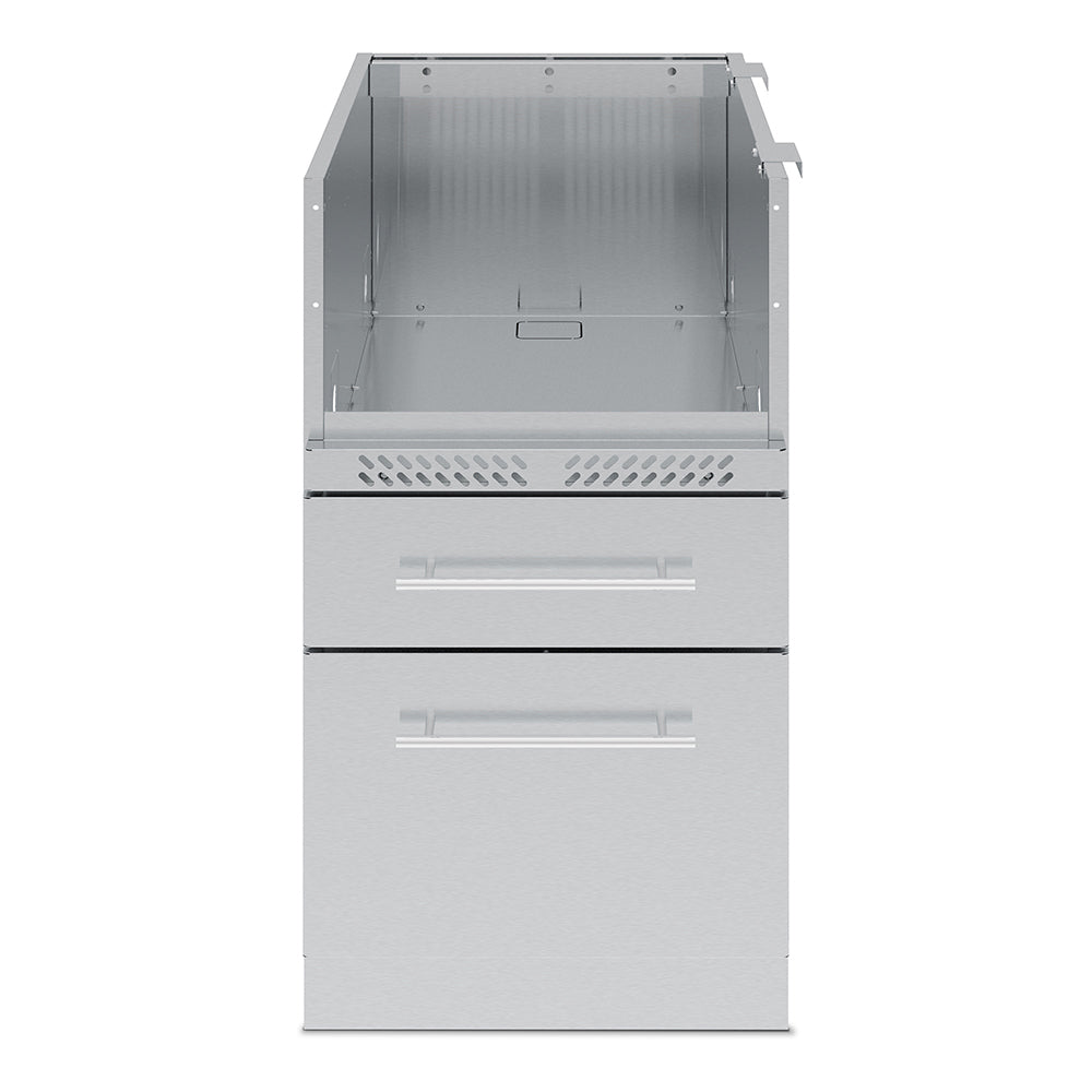 Broil King stainless steel two-drawer cabinet, top compartment open with venting