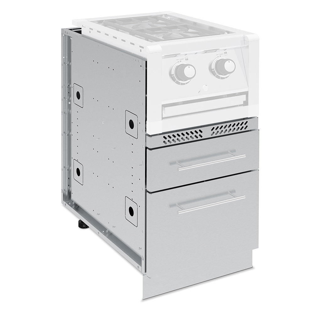 Broil King stainless steel two-drawer cabinet with control knobs and open bay