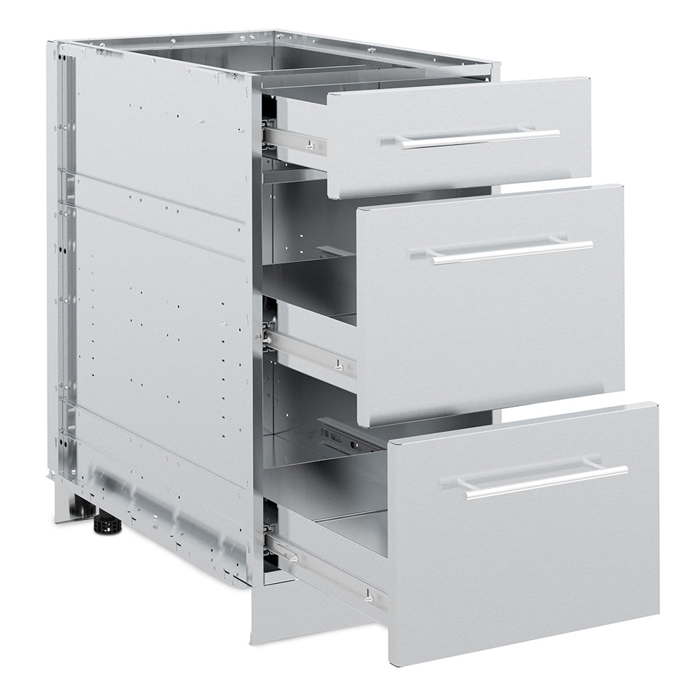 Broil King 3-drawer stainless cabinet, light gray with open drawers and interior