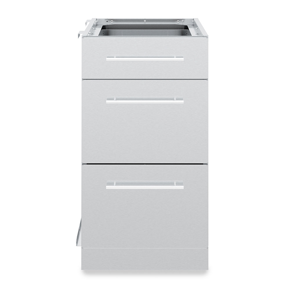 Broil King stainless 3-drawer cabinet, light gray front with three pull handles