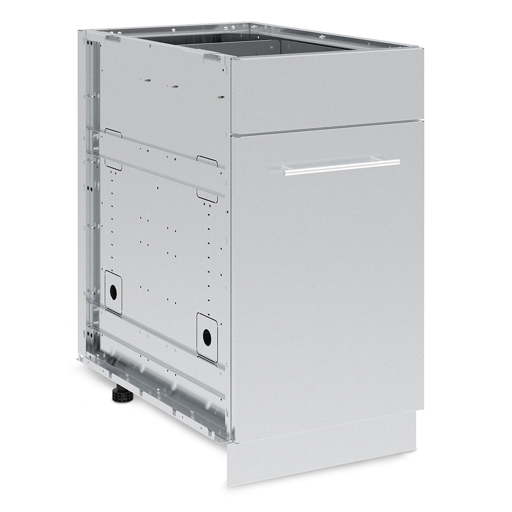 Stainless steel waste organizer cabinet with open compartment and white hinged door