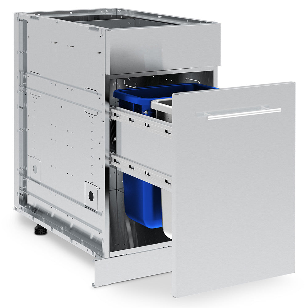 Stainless steel waste organizer cabinet with open drawer bins and blue trash containers