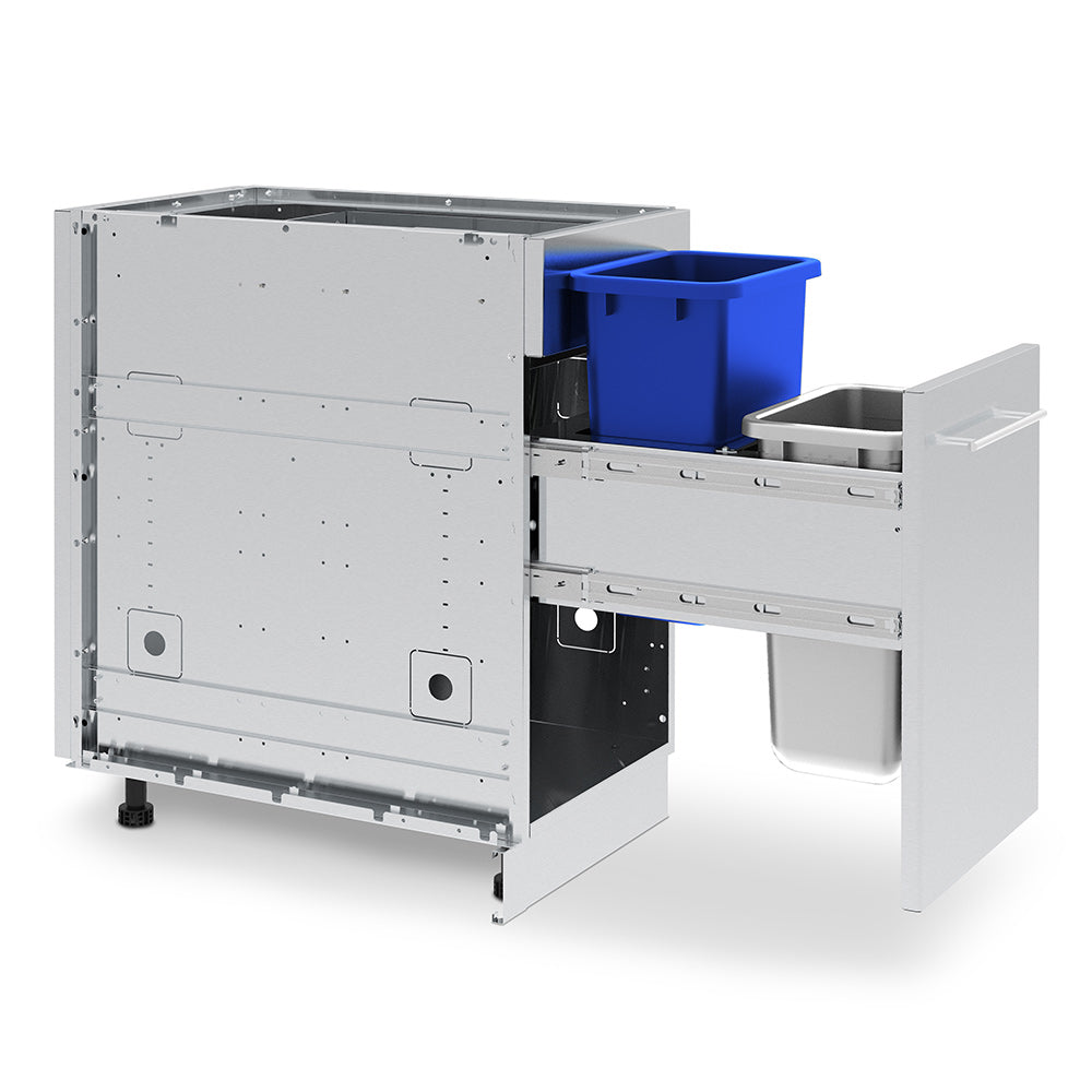 Stainless steel waste organizer cabinet with pull-out drawers and blue recycling bin inserts