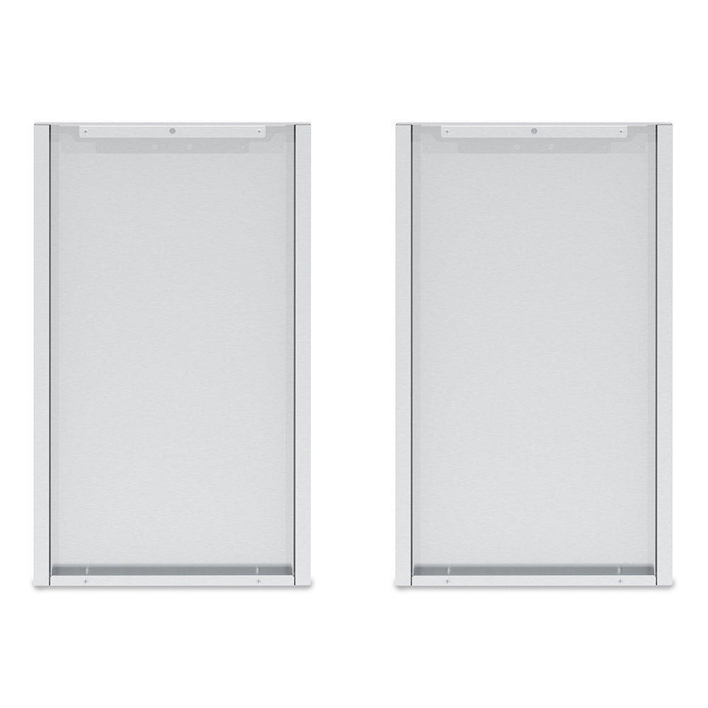 Stainless steel rear panel for corner cabinet, rectangular metal plate with mounting edges.