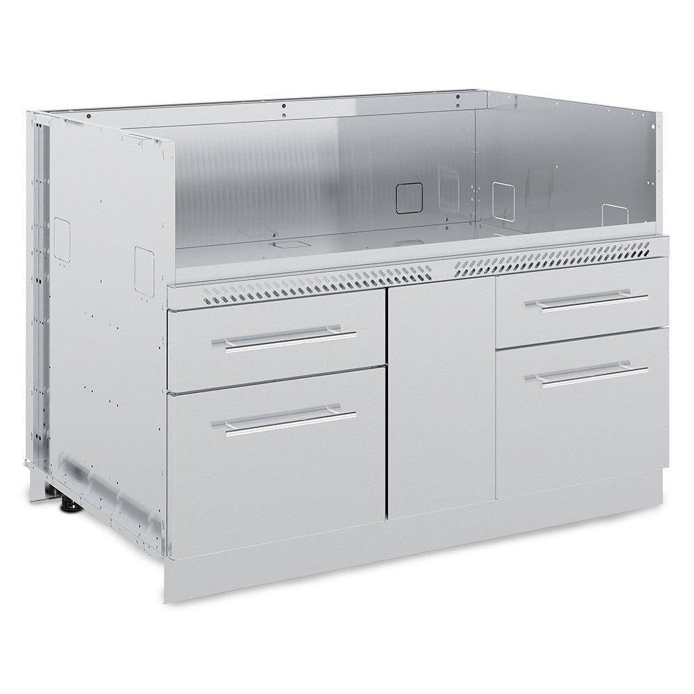 Stainless steel outdoor grill cabinet with open front, drawers, and doors