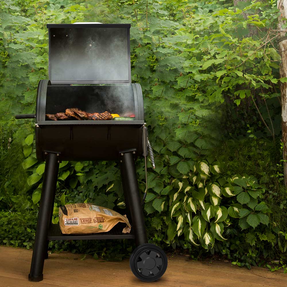 Charcoal smoker grill with closed lid, black body on stand, near outdoor plants.
