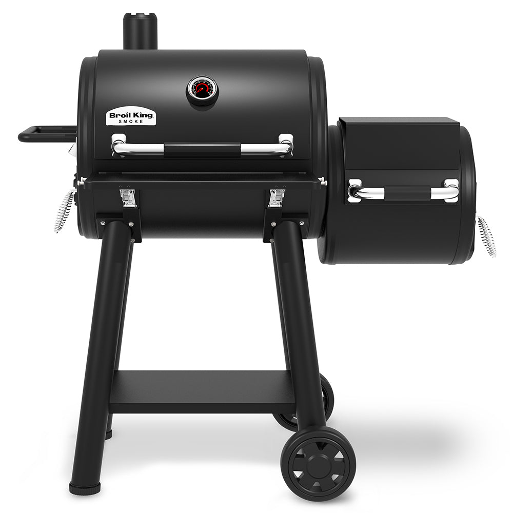 Charcoal offset smoker grill with side firebox, dark charcoal finish, and four-leg stand