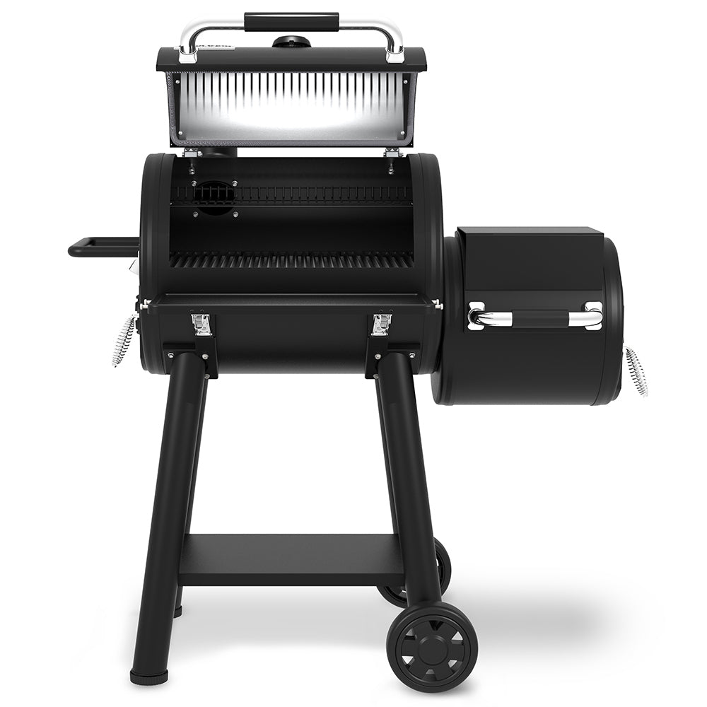 Offset charcoal smoker with open hood, main cooking chamber, and side smoke box