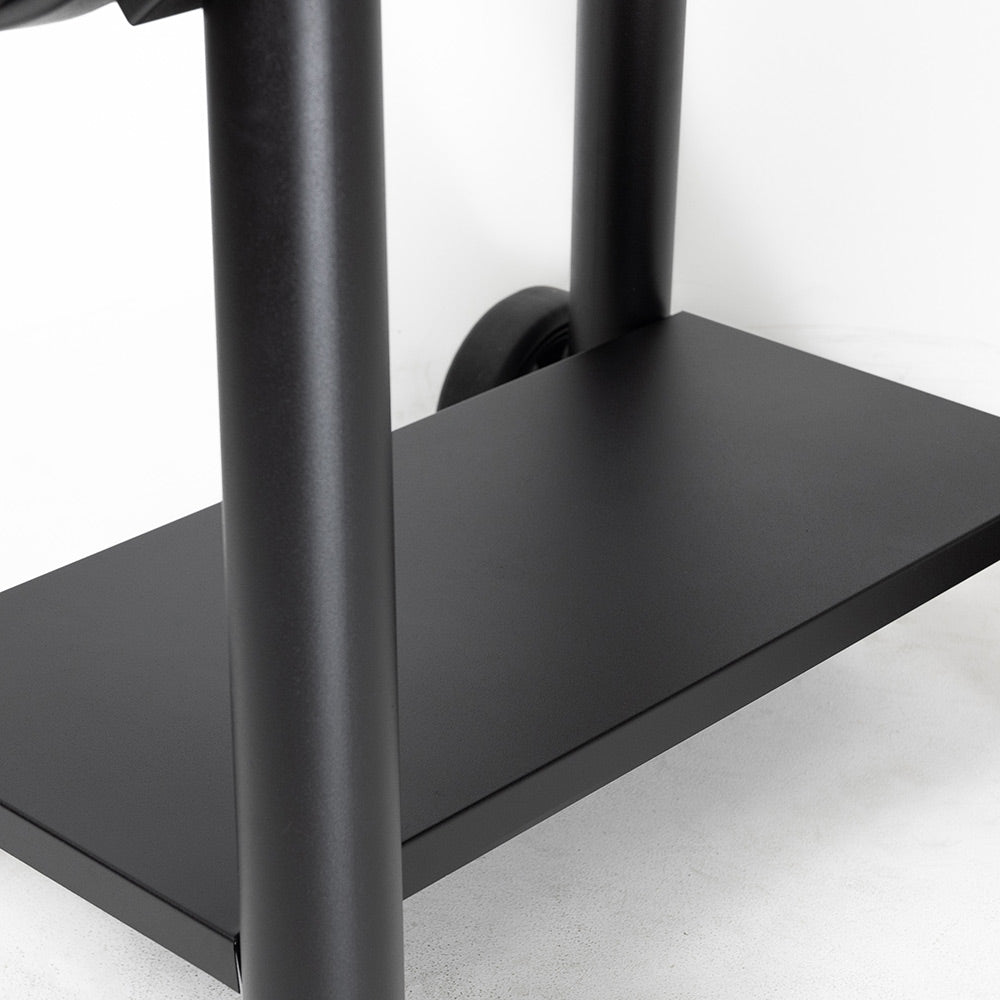 Powder-coated steel support shelf for an offset charcoal smoker, dark finish
