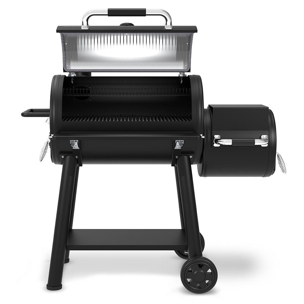 Charcoal offset smoker with open lid revealing inner cooking chamber and smoke box