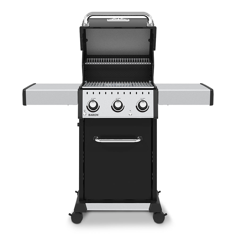 Open 3-burner gas grill with black hood, stainless cooking grates, and control knobs