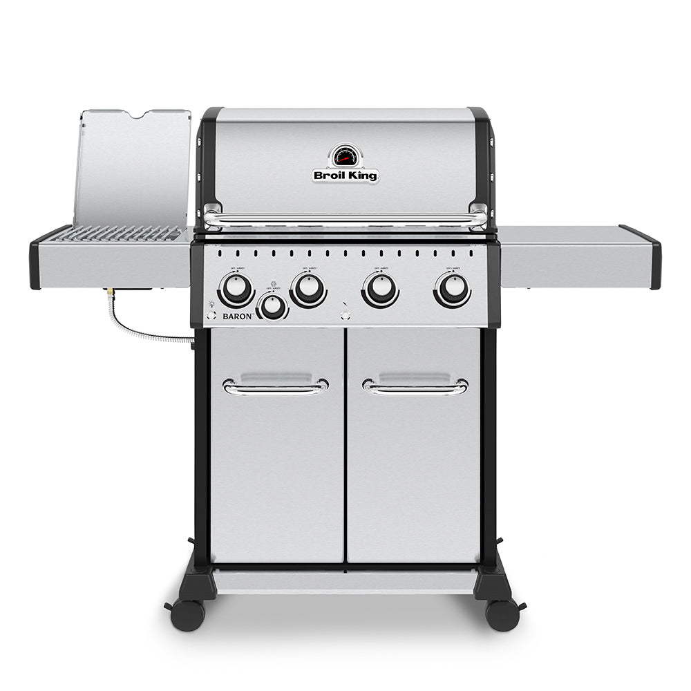 Stainless gas grill with lid open, front control knobs and cooking grates