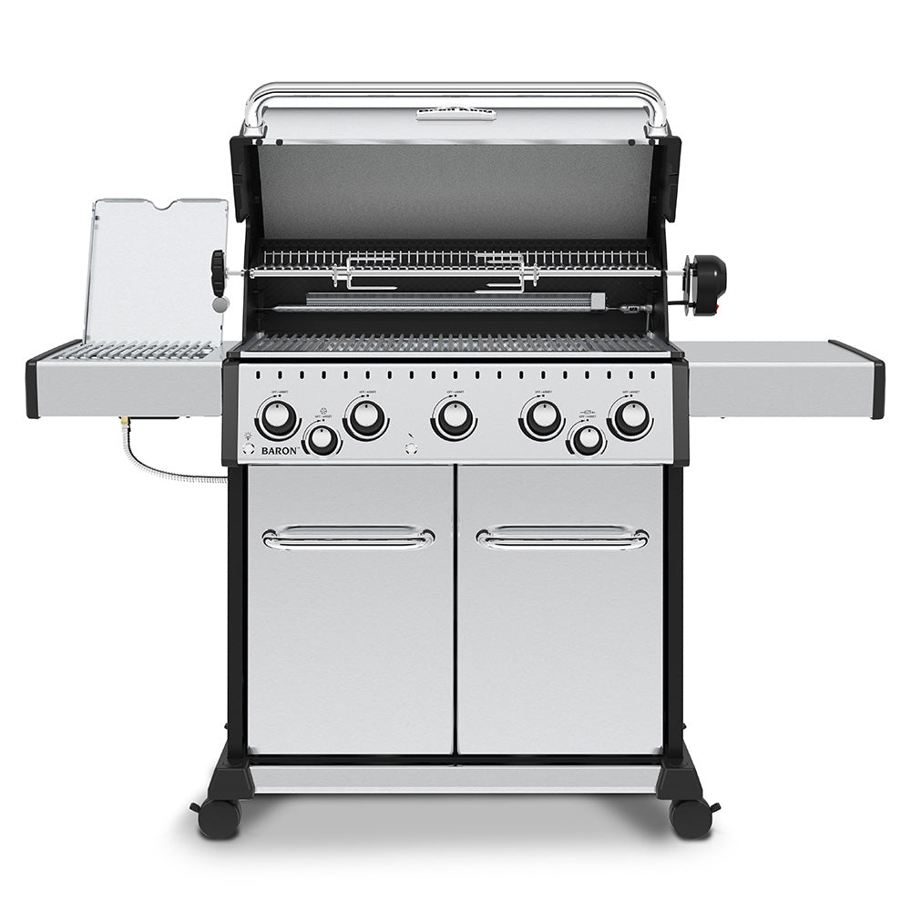 Stainless steel 5-burner gas grill with open lid, visible cooking grates and burner controls