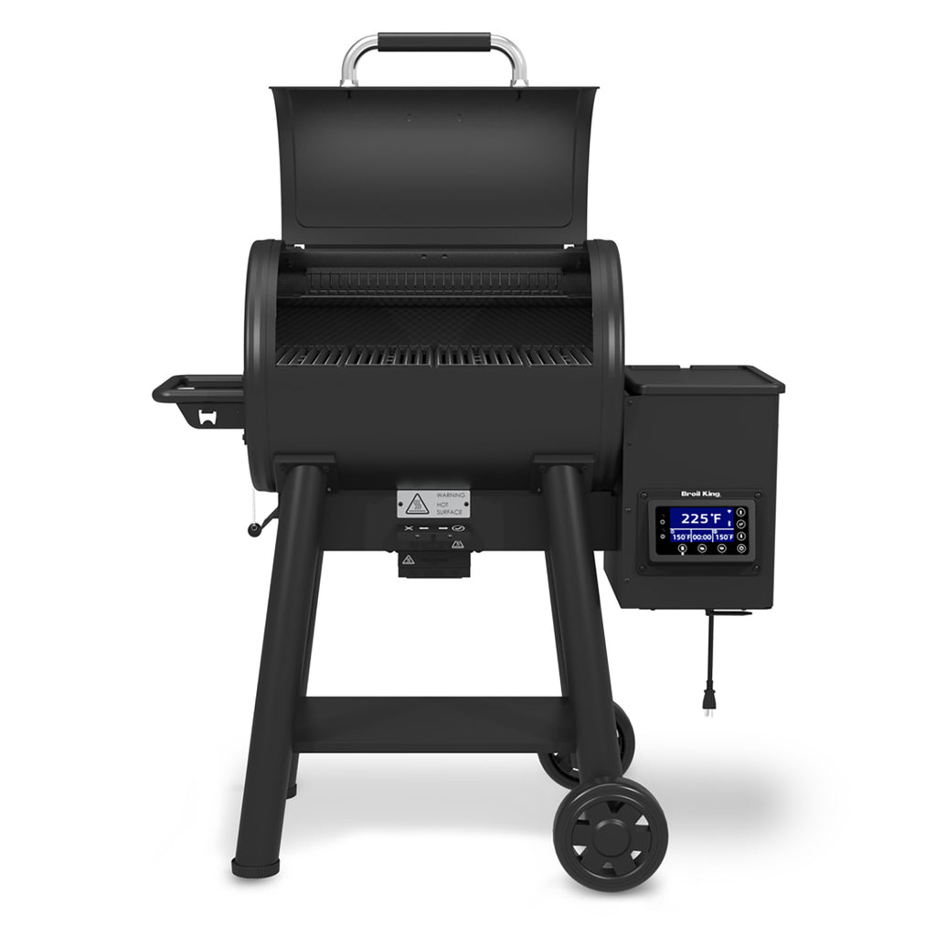 Pellet smoker grill with open lid, grill grates, and control panel display, black.