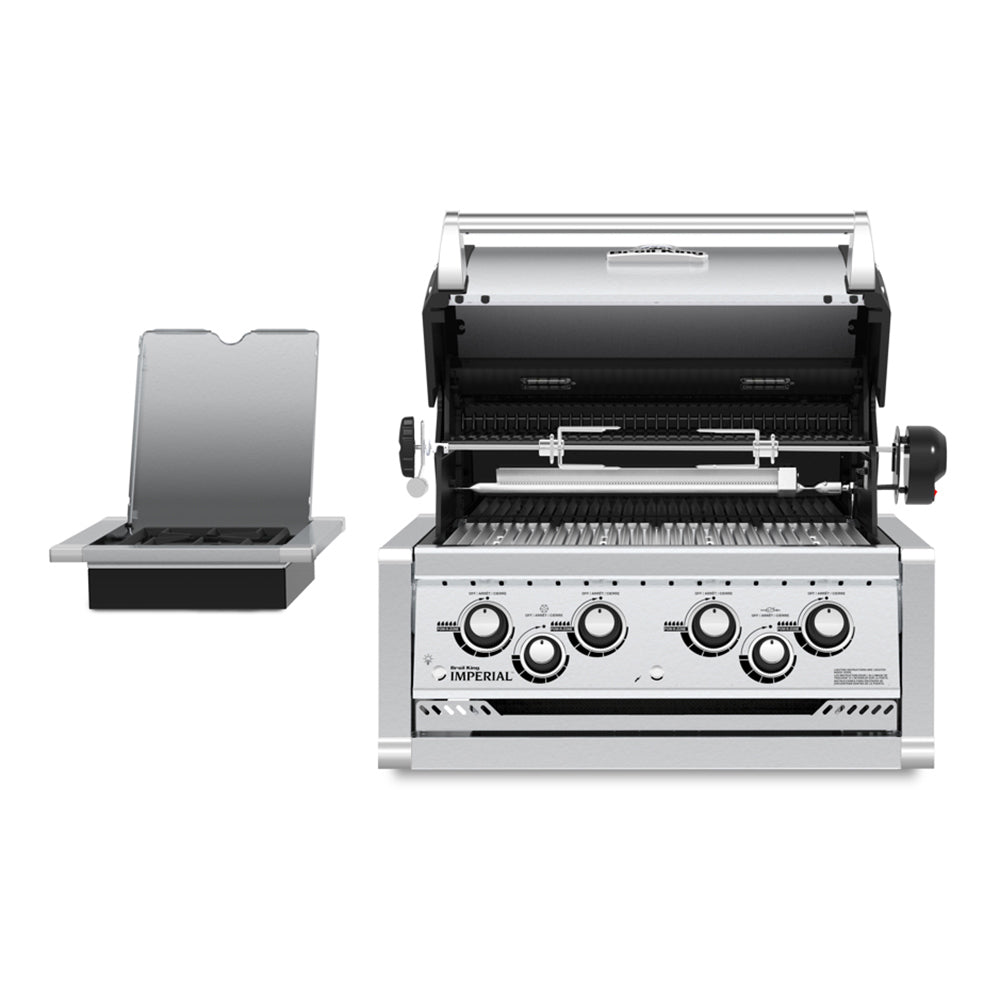 Stainless built-in 4-burner gas grill with open lid and exposed burners