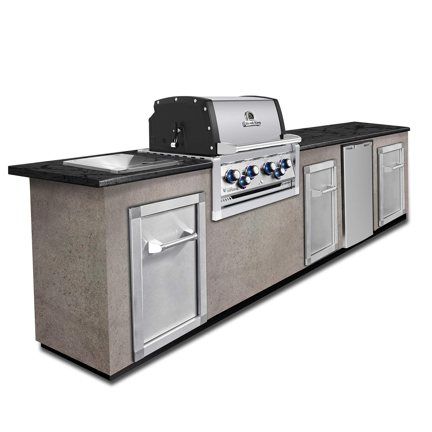Built-in stainless gas grill in outdoor kitchen island with side cabinet doors