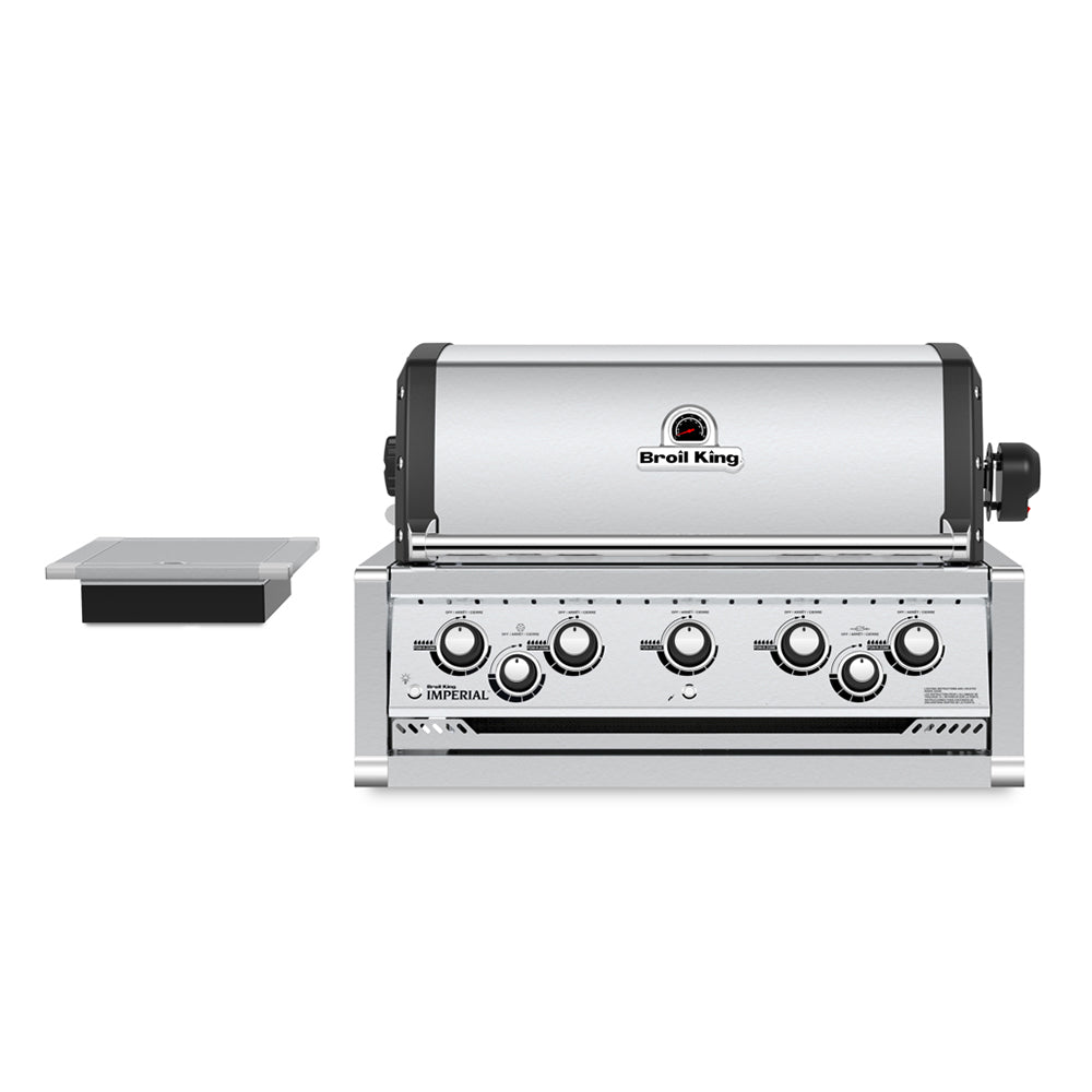 Stainless steel built-in gas grill with lid and control knobs, Broil King logo
