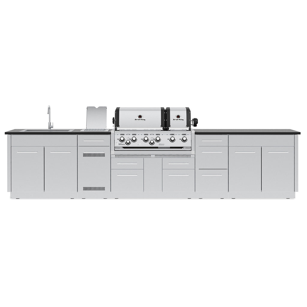 Built-in stainless steel grill with side burner and cabinet storage doors