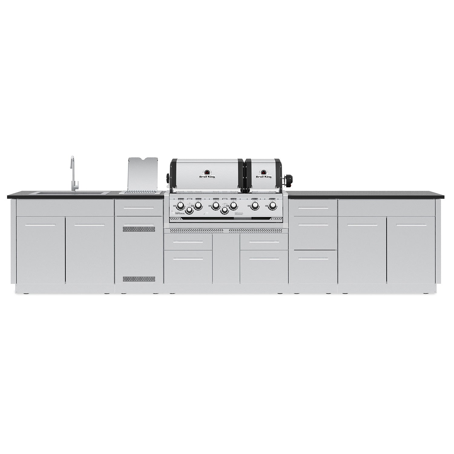 Built-in stainless steel grill with side burner and cabinet storage doors