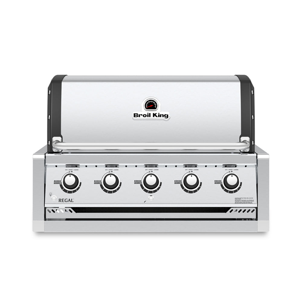 Stainless steel 5-burner built-in gas grill head with control knobs and Broil King logo