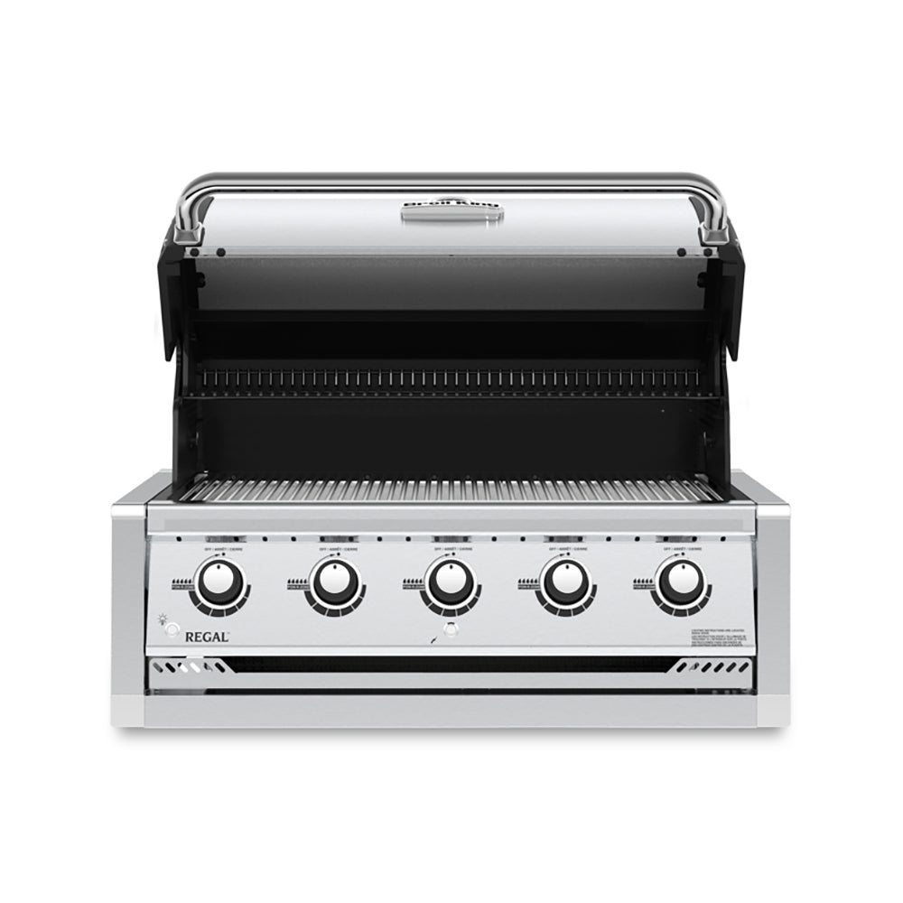 Open stainless steel 5-burner built-in gas grill with burners and control knobs visible
