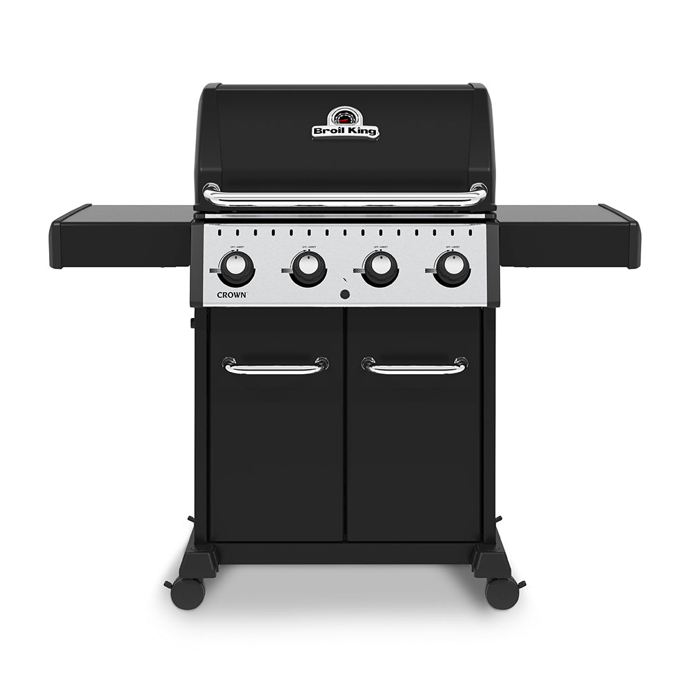 Black 4-burner gas grill with four control knobs and side shelves, front view