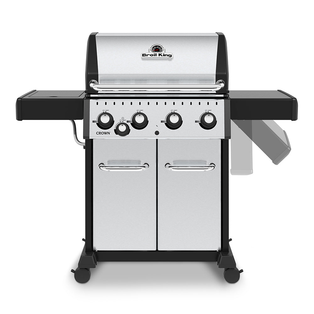 Stainless steel 4-burner gas grill with side burner, front view