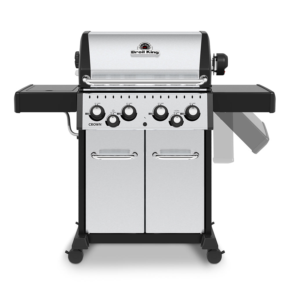 Stainless steel 4-burner gas grill with front doors and side shelf extended