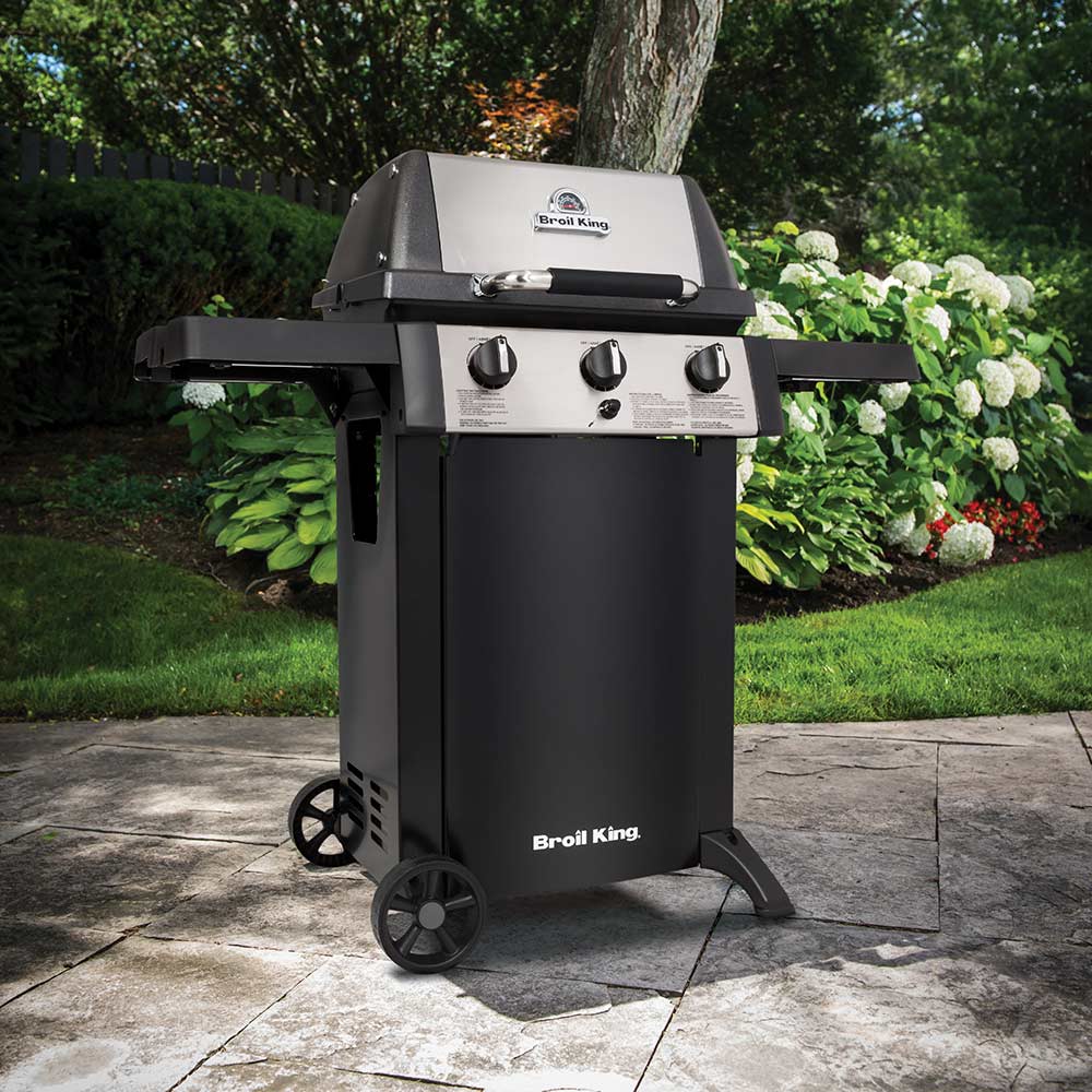 Broil King 3-burner propane grill on two-wheel cart, black finish with three control knobs