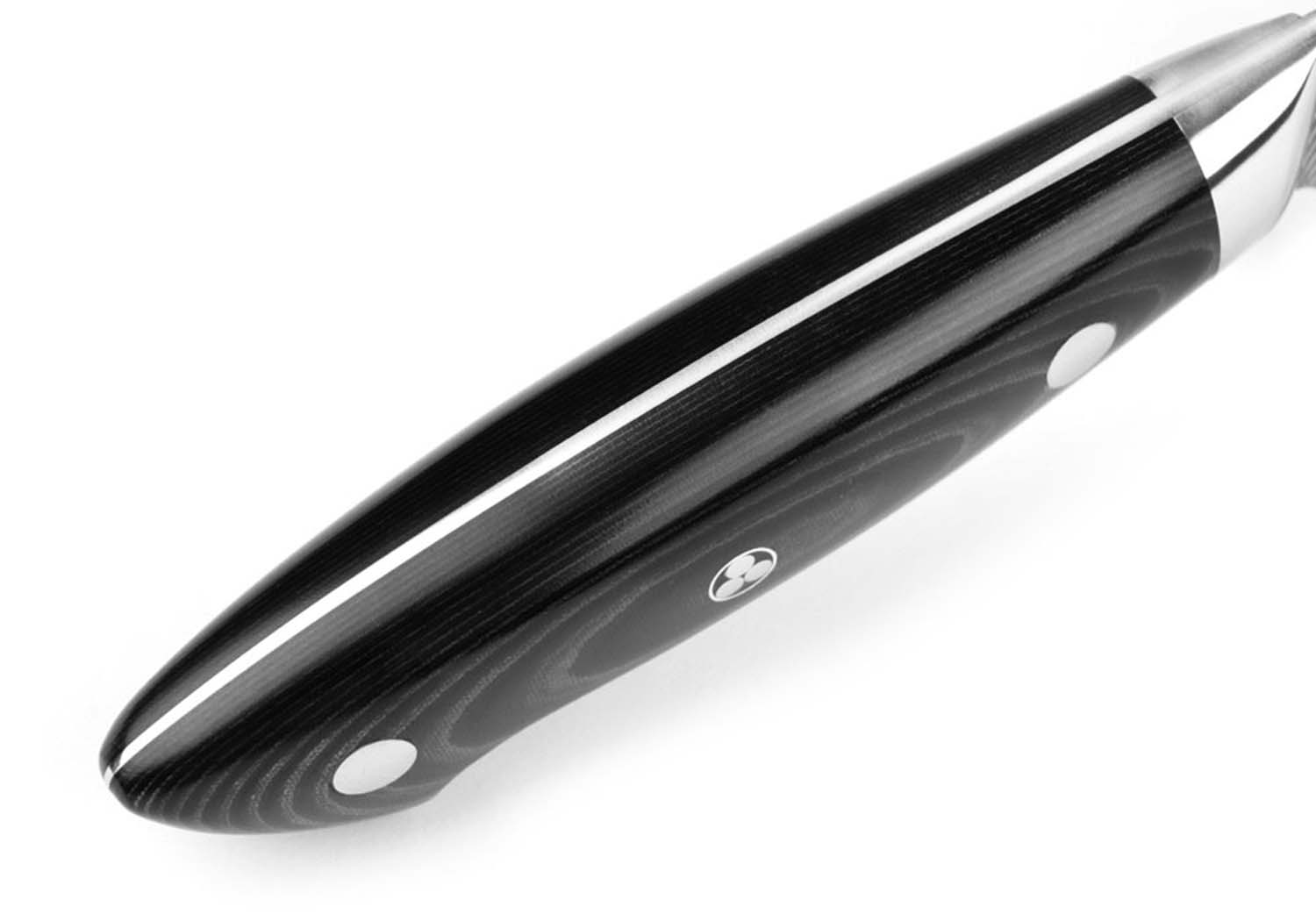 6-inch chef's knife with black handle and stainless Damascus blade tip