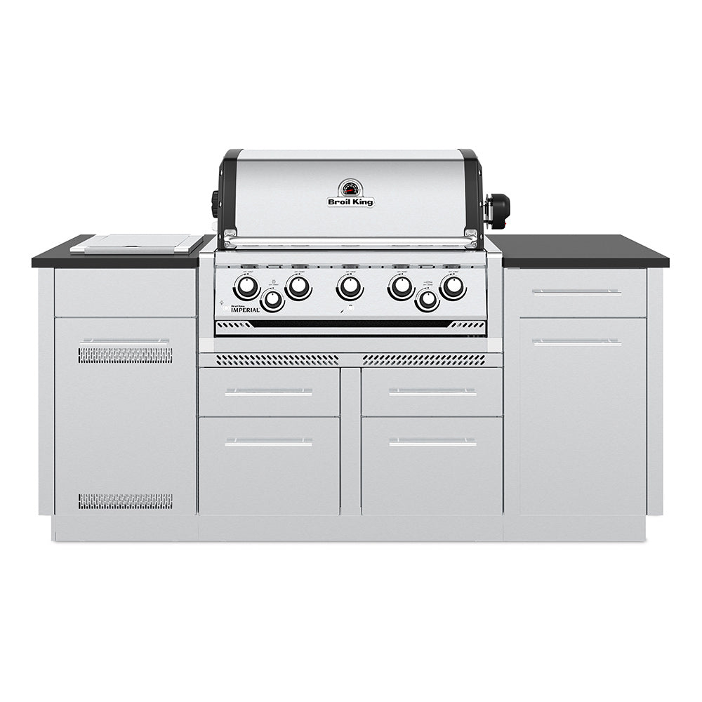 Stainless steel gas grill with five burners and front control knobs, closed lid