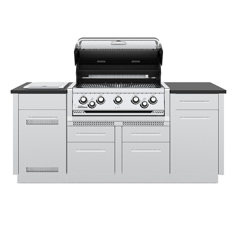 Stainless steel gas grill with open lid showing burner grates and front controls