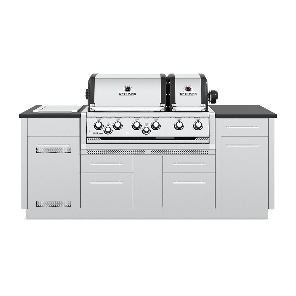 Stainless steel 6-burner gas grill with control panel and side shelves