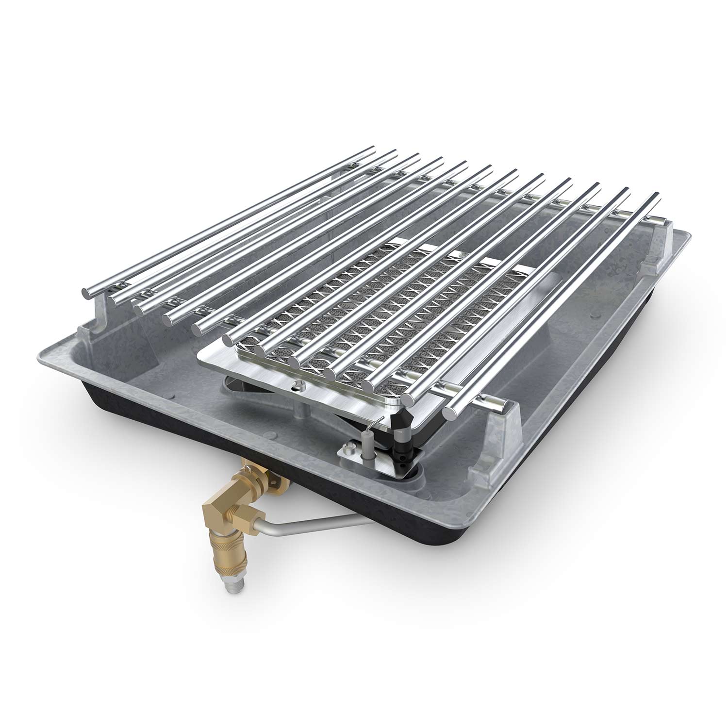 Infrared side burner kit with stainless burner grates and mounting base, propane connector