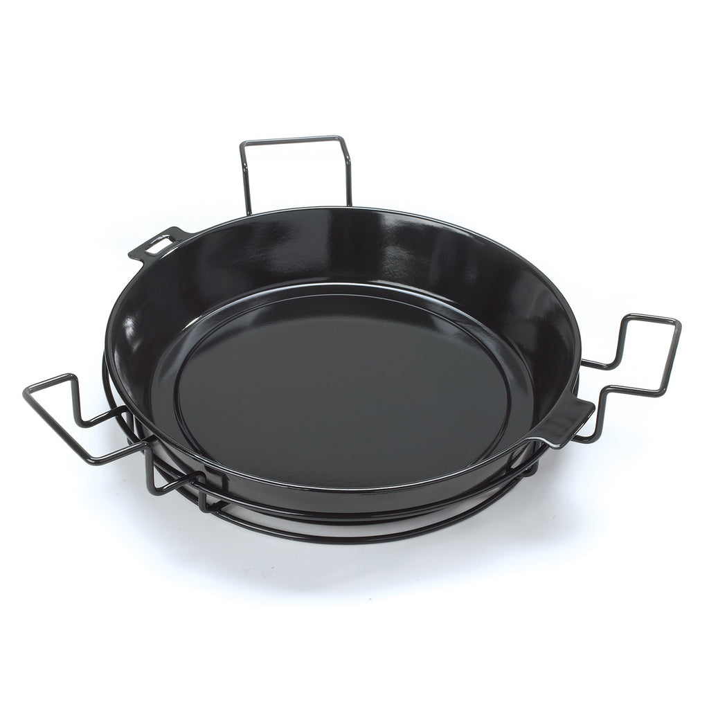 Black circular grill diffuser plate with side handles and wire legs